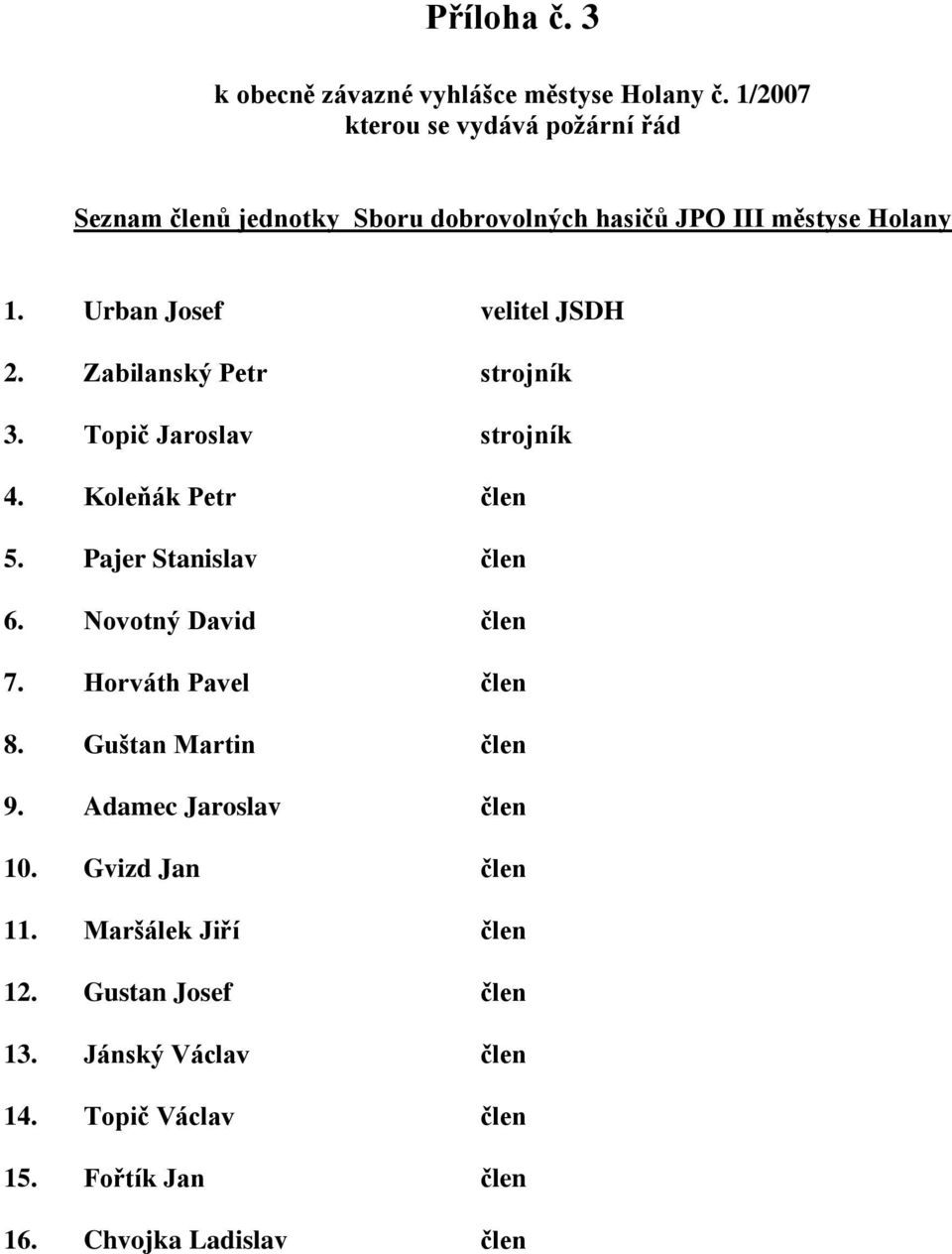 Urban Josef velitel JSDH 2. Zabilanský Petr strojník 3. Topič Jaroslav strojník 4. Koleňák Petr člen 5. Pajer Stanislav člen 6.