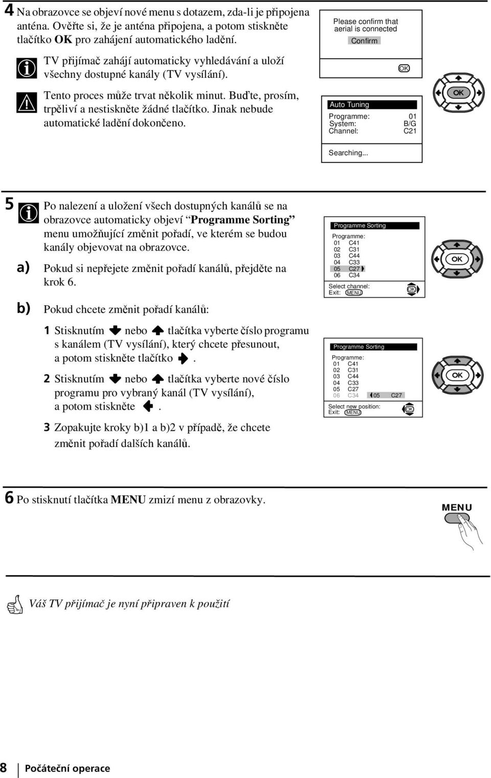 Jinak nebude automatické ladění dokončeno. Please confirm that aerial is connected Confirm Programme: 01 System: B/G Channel: C21 K Searching.
