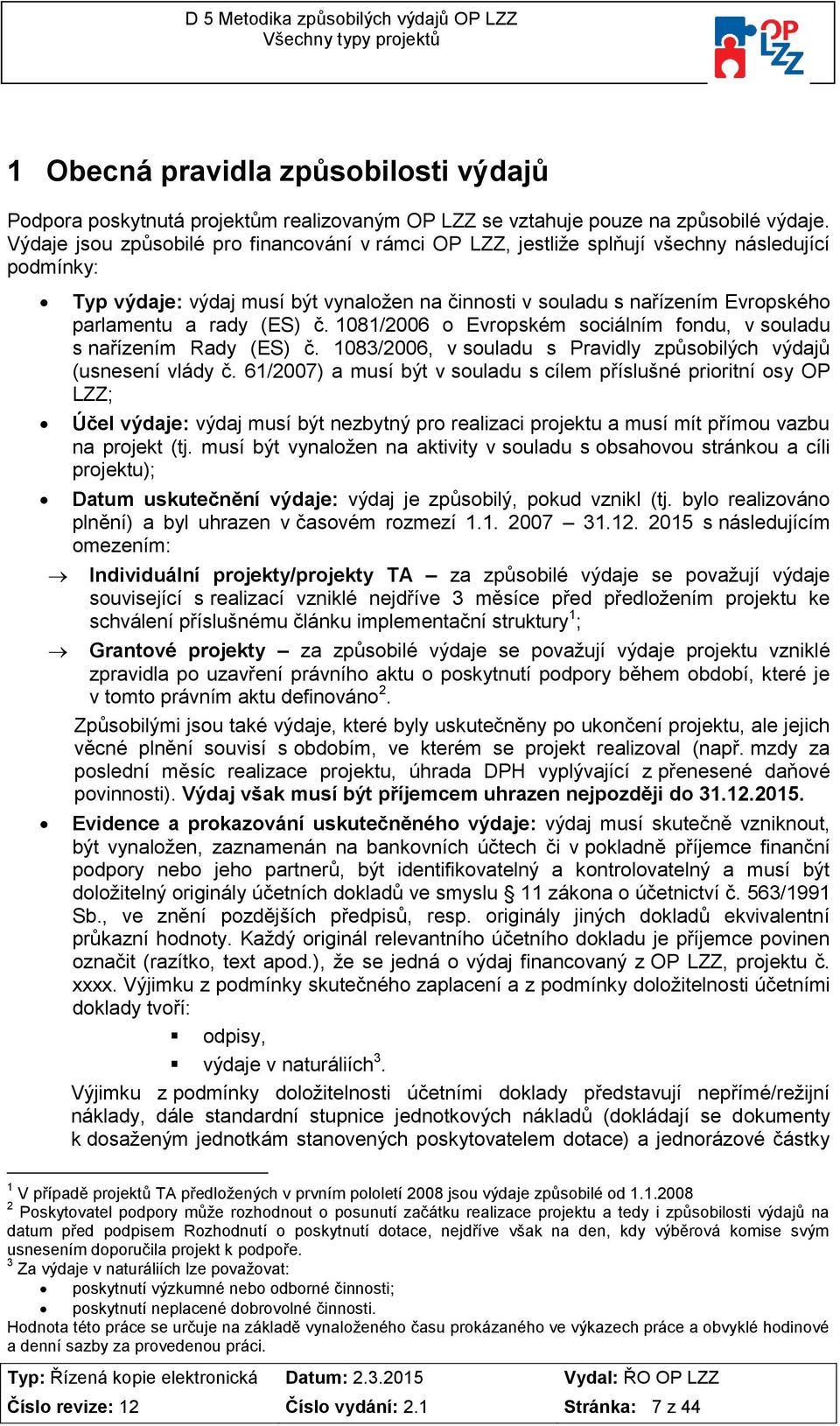 1081/2006 Evrpském sciálním fndu, v suladu s nařízením Rady (ES) č. 1083/2006, v suladu s Pravidly způsbilých výdajů (usnesení vlády č.