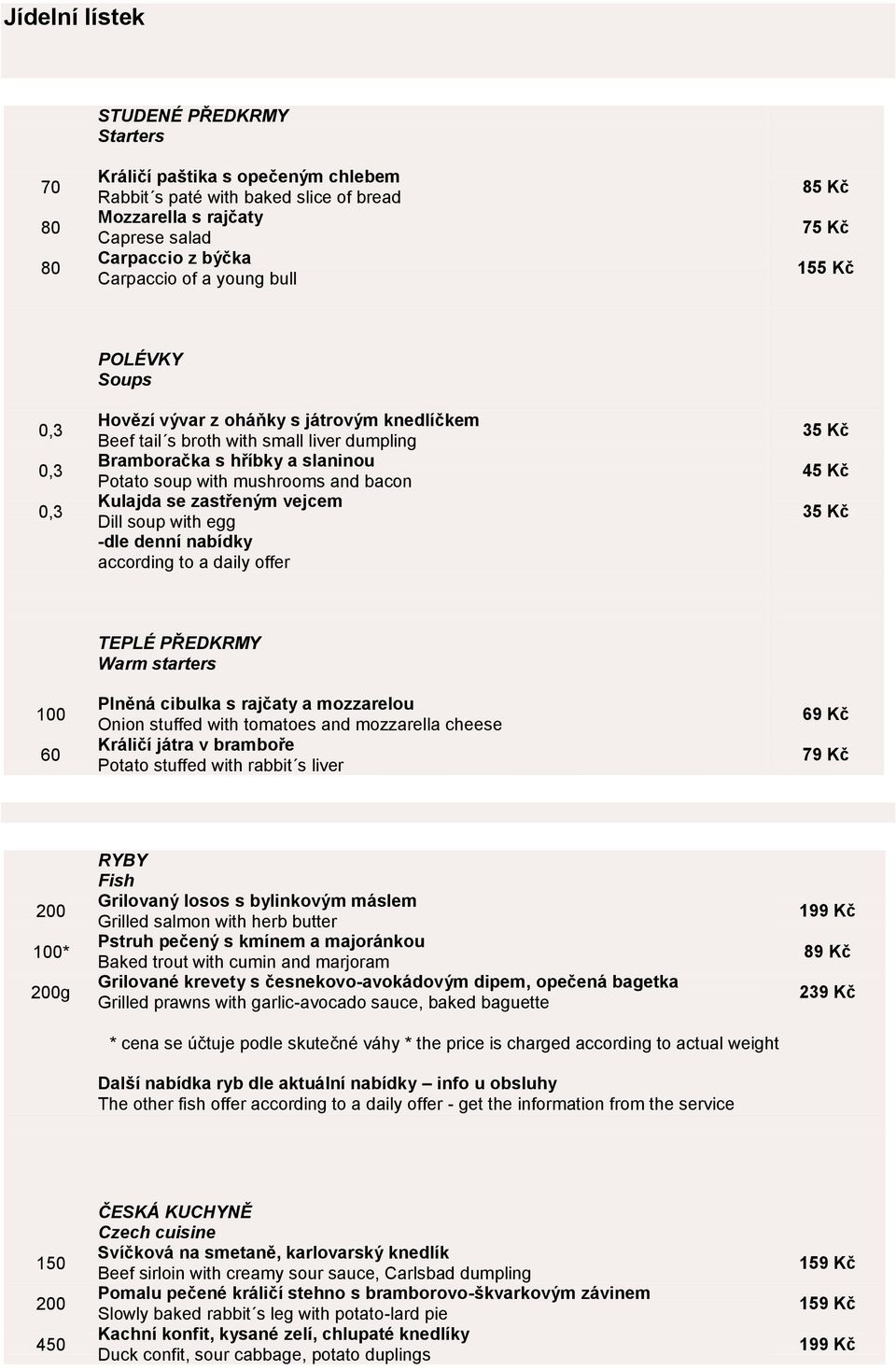 zastřeným vejcem Dill soup with egg -dle denní nabídky according to a daily offer 45 Kč 100 60 TEPLÉ PŘEDKRMY Warm starters Plněná cibulka s rajčaty a mozzarelou Onion stuffed with tomatoes and