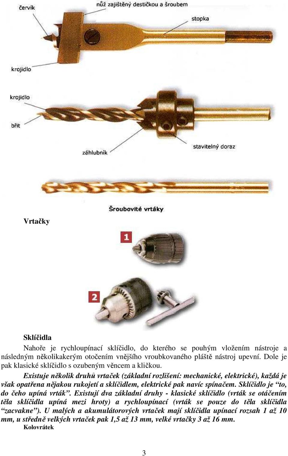 Existuje několik druhů vrtaček (základní rozlišení: mechanické, elektrické), každá je však opatřena nějakou rukojetí a sklíčidlem, elektrické pak navíc spínačem.