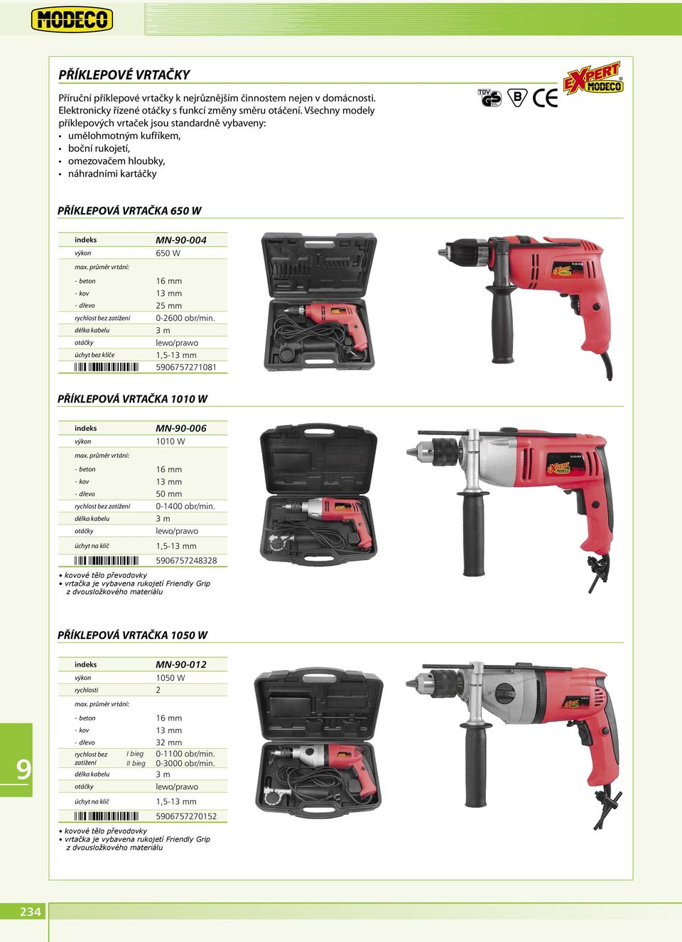 kov 1m - dřevo 25 mm 0-2600 obr/min. úchyt bez klíče 1,5-1m 506757271081 PŘÍKLEPOVÁ VRTAČKA 1010 W MN-0-006 1010 W - beton 16 mm - kov 1m - dřevo 50 mm úchyt na klíč 0-1400 obr/min.
