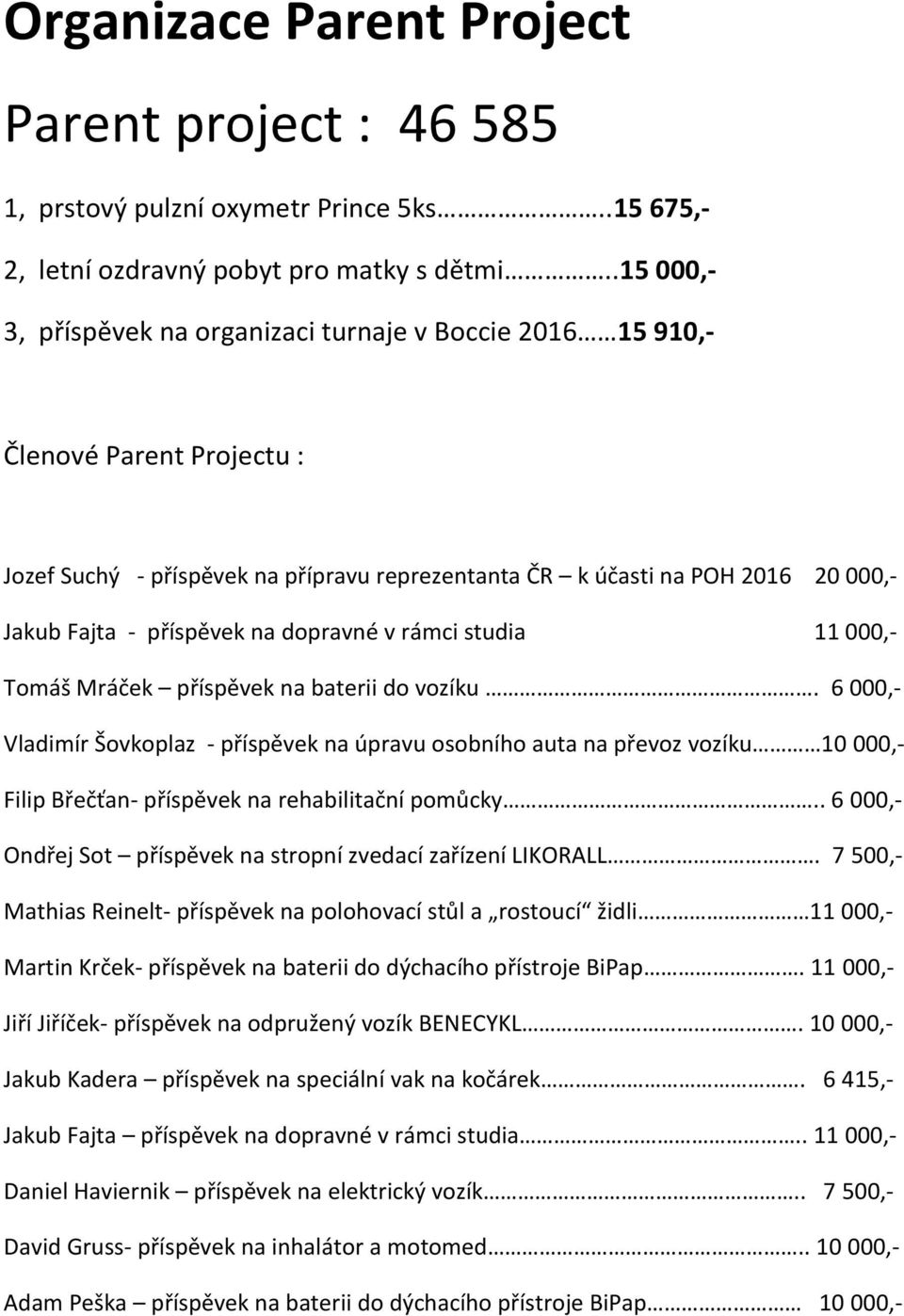 dopravné v rámci studia 11 000,- Tomáš Mráček příspěvek na baterii do vozíku.