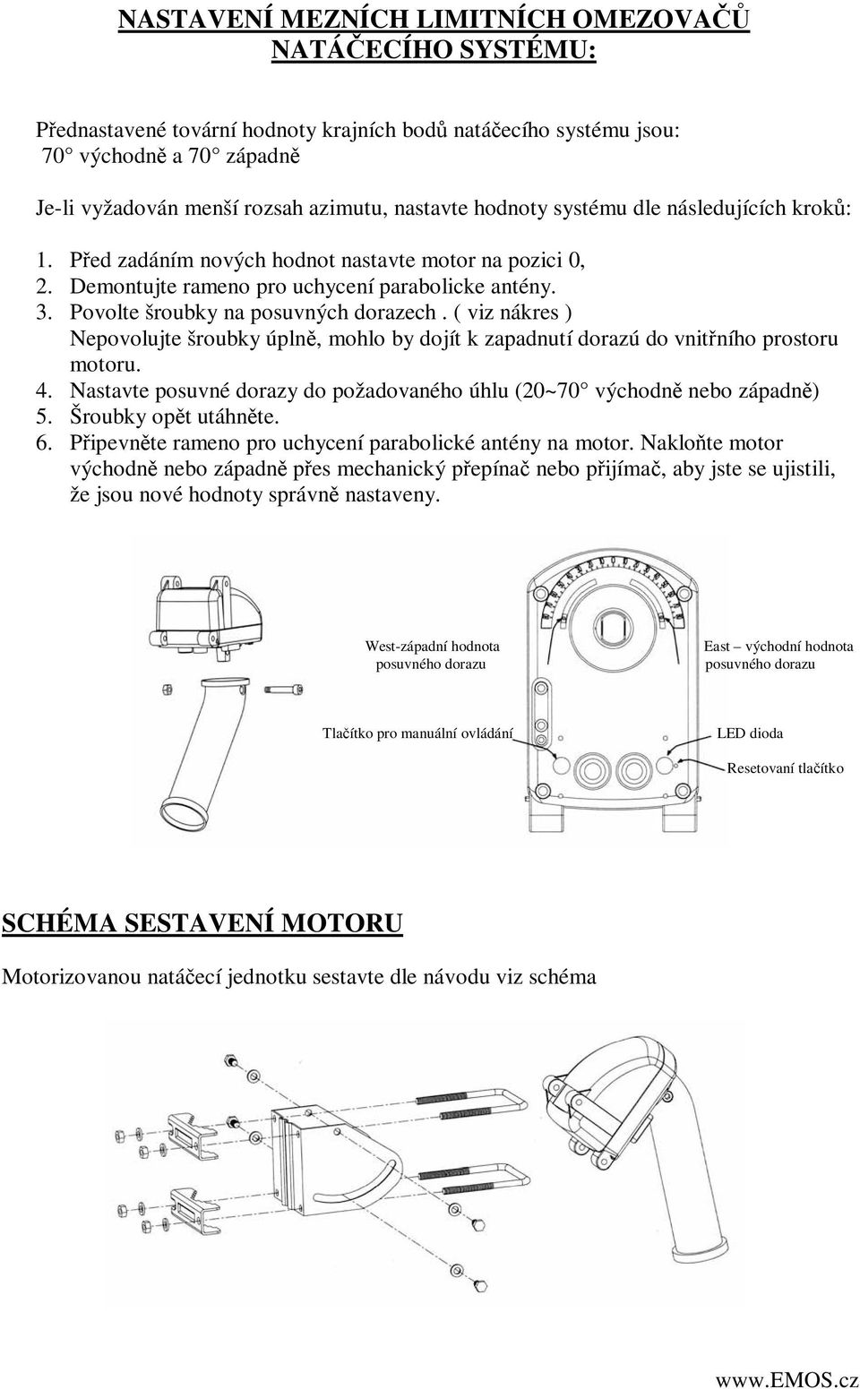 ( viz nákres ) Nepovolujte šroubky úplně, mohlo by dojít k zapadnutí dorazú do vnitřního prostoru motoru. 4. Nastavte posuvné dorazy do požadovaného úhlu (20~70 východně nebo západně) 5.