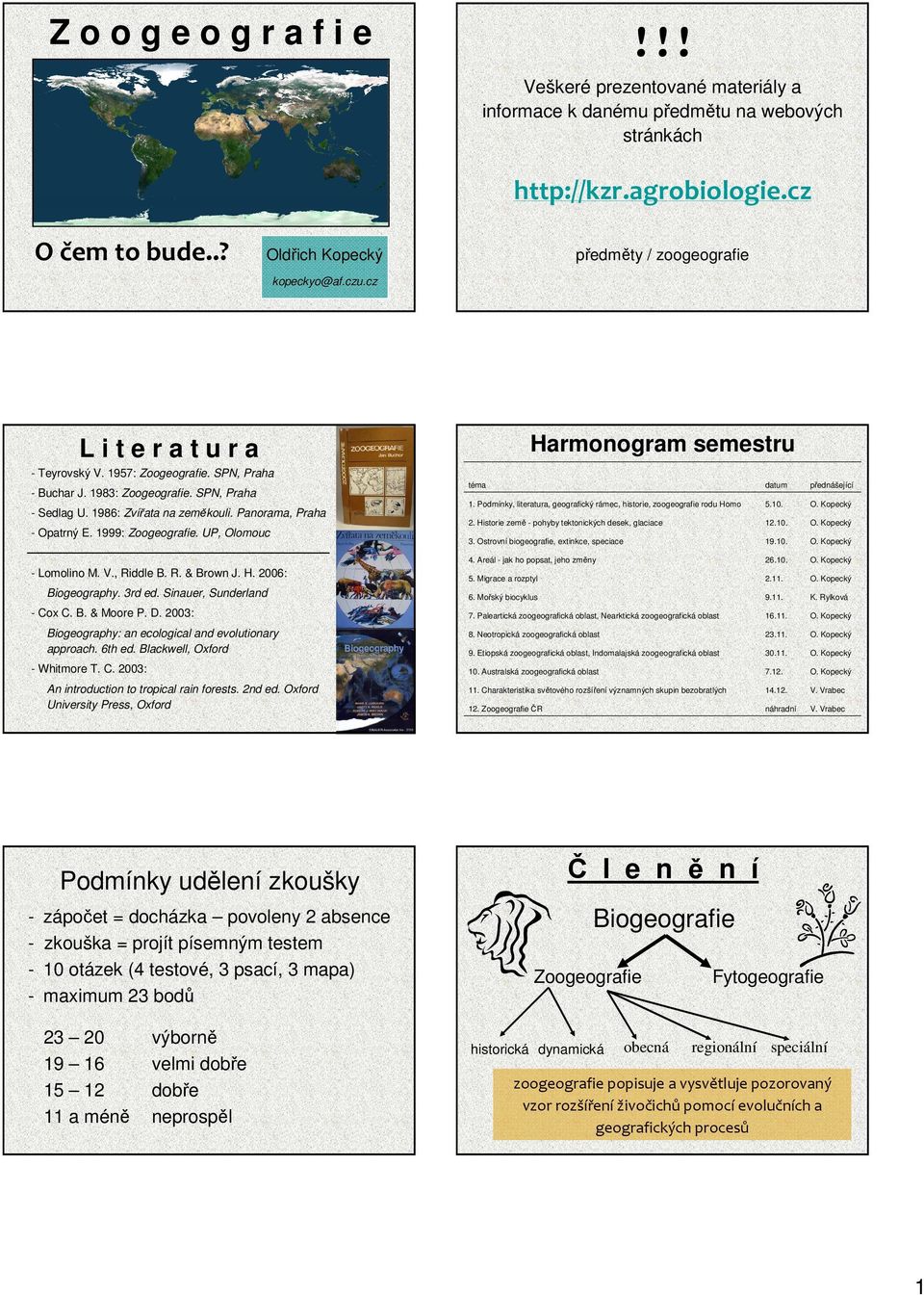 Panorama, Praha - Opatrný E. 1999: Zoogeografie. UP, Olomouc Harmonogram semestru téma datum 1. Podmínky, literatura, geografický rámec, historie, zoogeografie rodu Homo 5.10. 2.