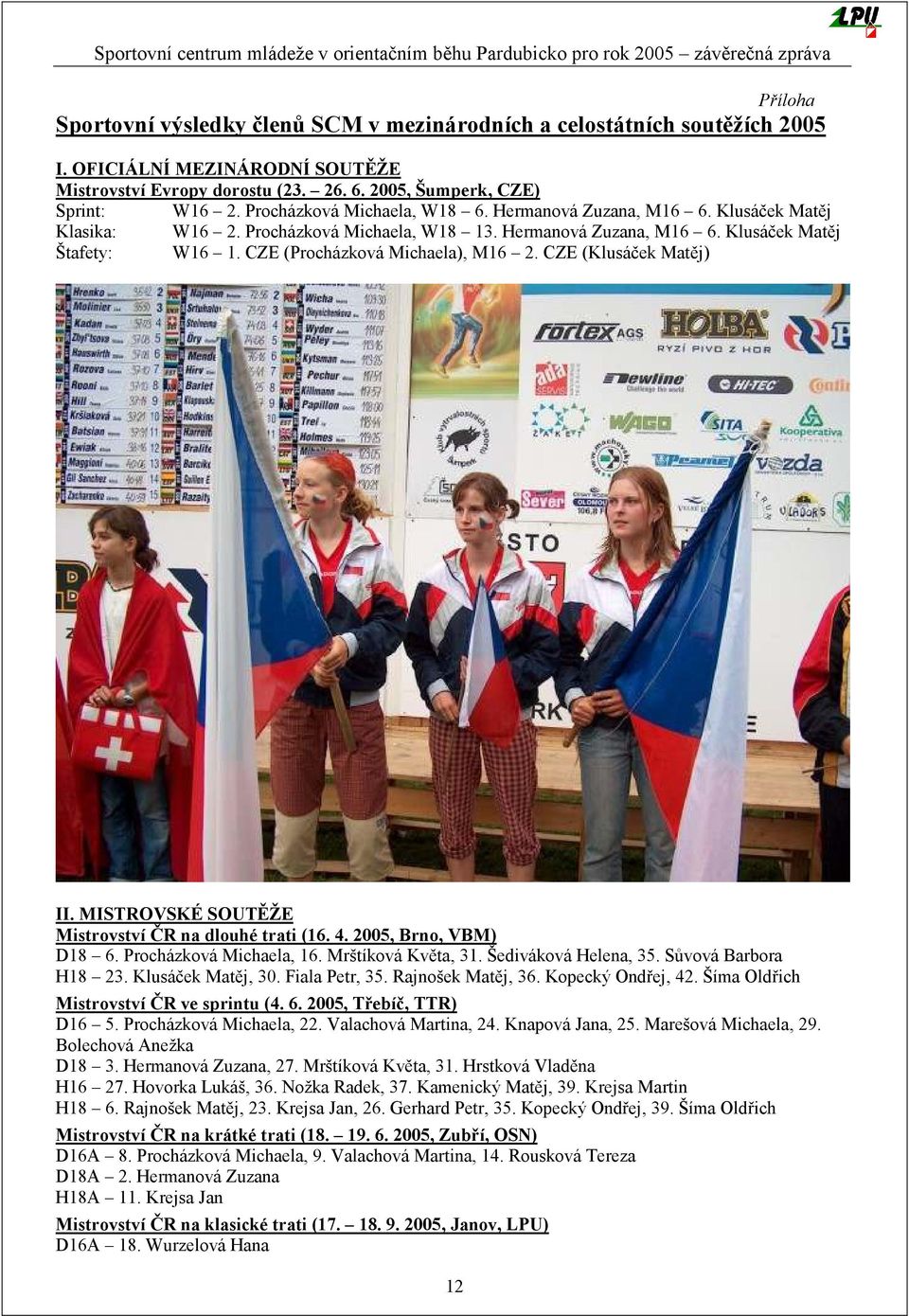 CZE (Procházková Michaela), M16 2. CZE (Klusáček Matěj) II. MISTROVSKÉ SOUTĚŽE Mistrovství ČR na dlouhé trati (16. 4. 2005, Brno, VBM) D18 6. Procházková Michaela, 16. Mrštíková Květa, 31.
