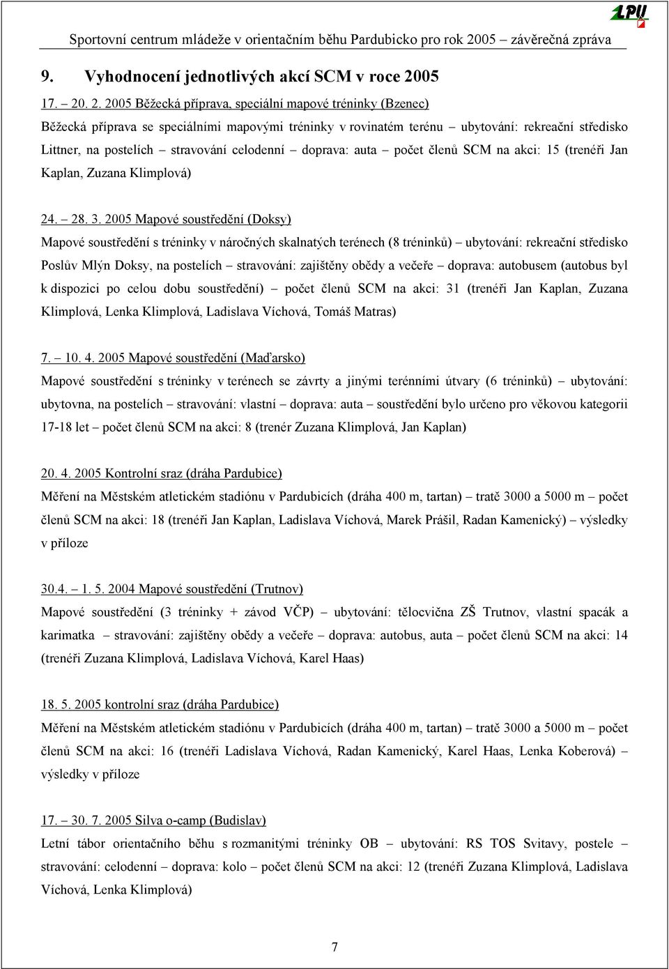 . 2. 2005 Běžecká příprava, speciální mapové tréninky (Bzenec) Běžecká příprava se speciálními mapovými tréninky v rovinatém terénu ubytování: rekreační středisko Littner, na postelích stravování