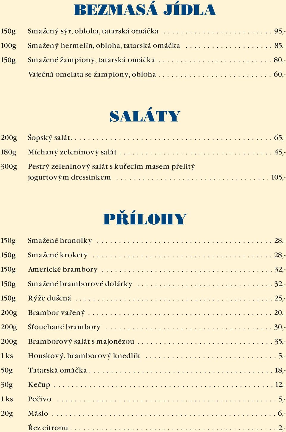 .................................. 45,- 300g Pestrý zeleninový salát s kuřecím masem přelitý jogurtovým dressinkem................................... 105,- PŘÍLOHY 150g Smažené hranolky.