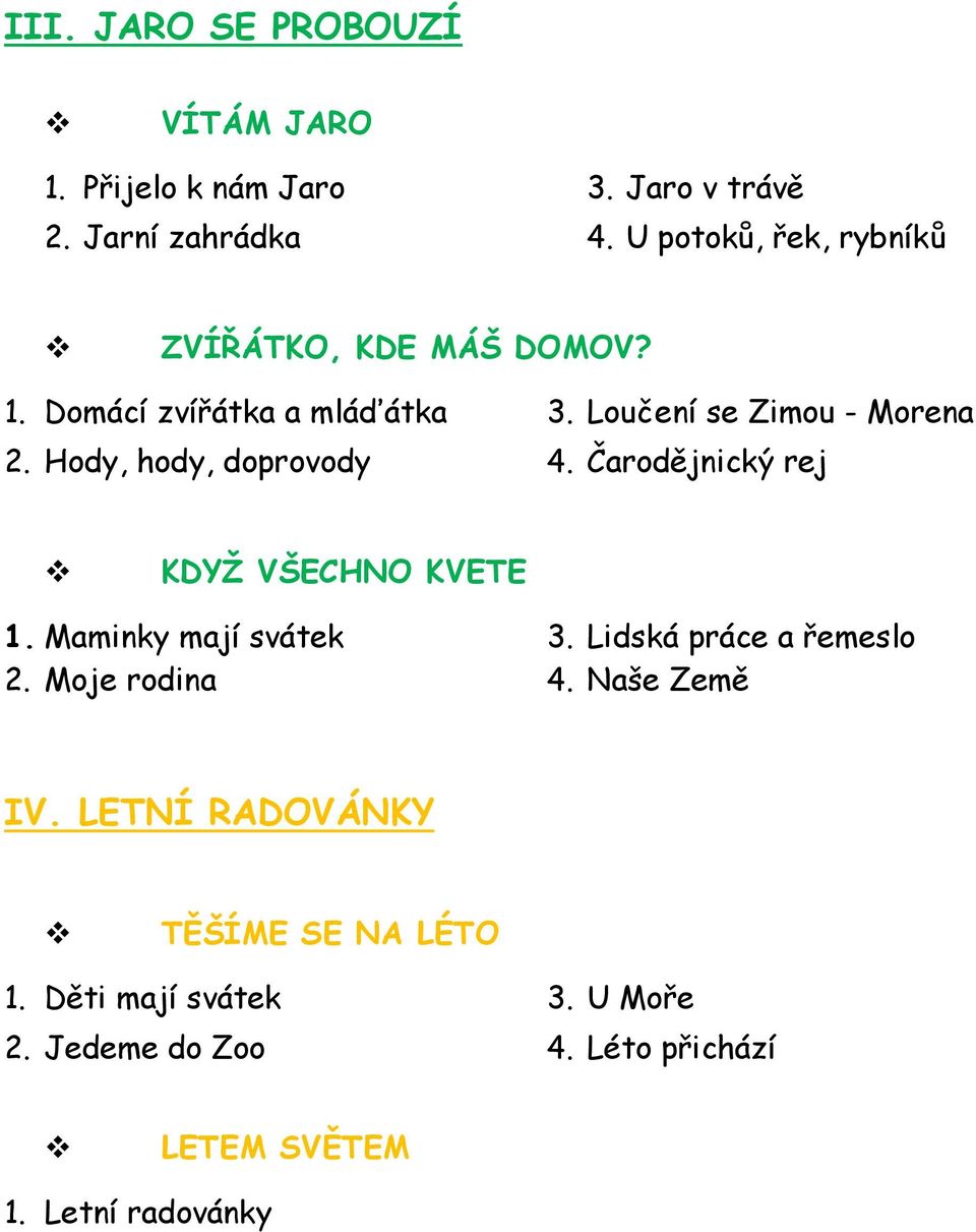 Loučení se Zimou - Morena 4. Čarodějnický rej KDYŽ VŠECHNO KVETE 1. Maminky mají svátek 2. Moje rodina 3.