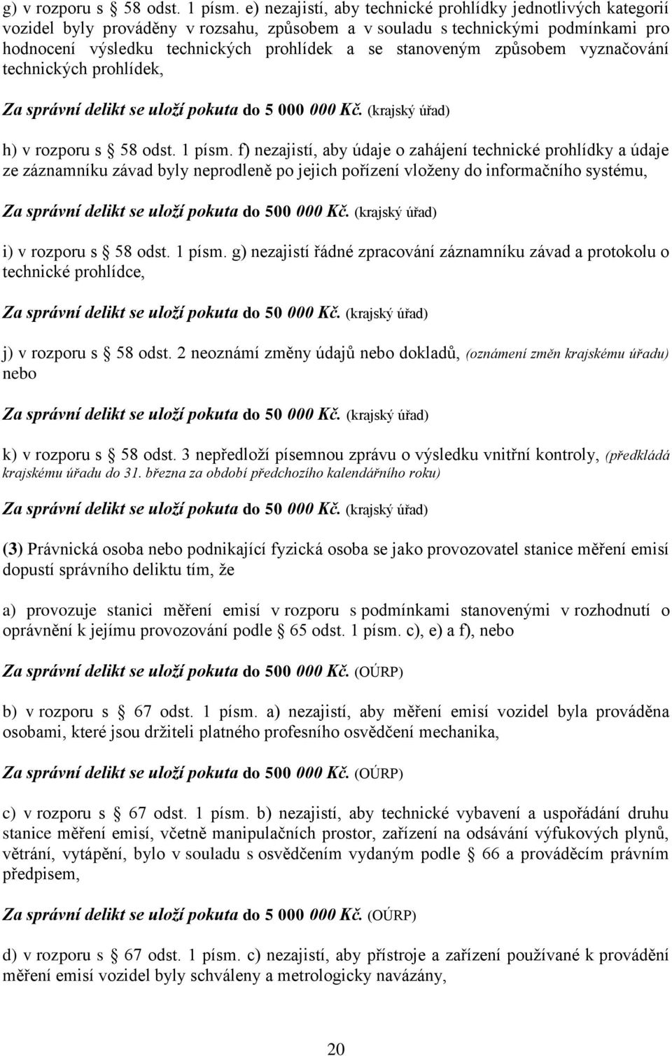 stanoveným způsobem vyznačování technických prohlídek, Za správní delikt se uloží pokuta do 5 000 000 Kč. (krajský úřad) h) v rozporu s 58 odst. 1 písm.