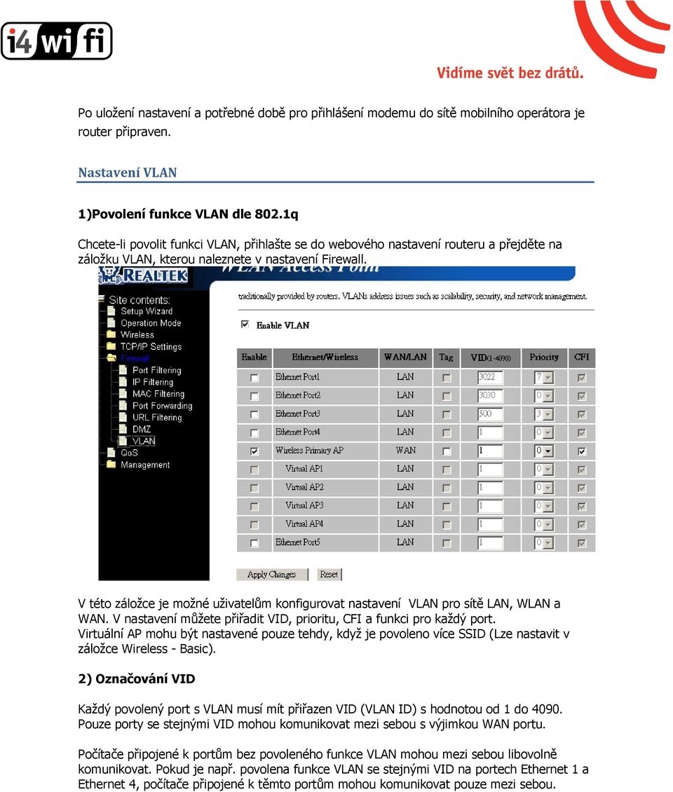 V této záložce je možné uživatelům konfigurovat nastavení VLAN pro sítě LAN, WLAN a WAN. V nastavení můžete přiřadit VID, prioritu, CFI a funkci pro každý port.