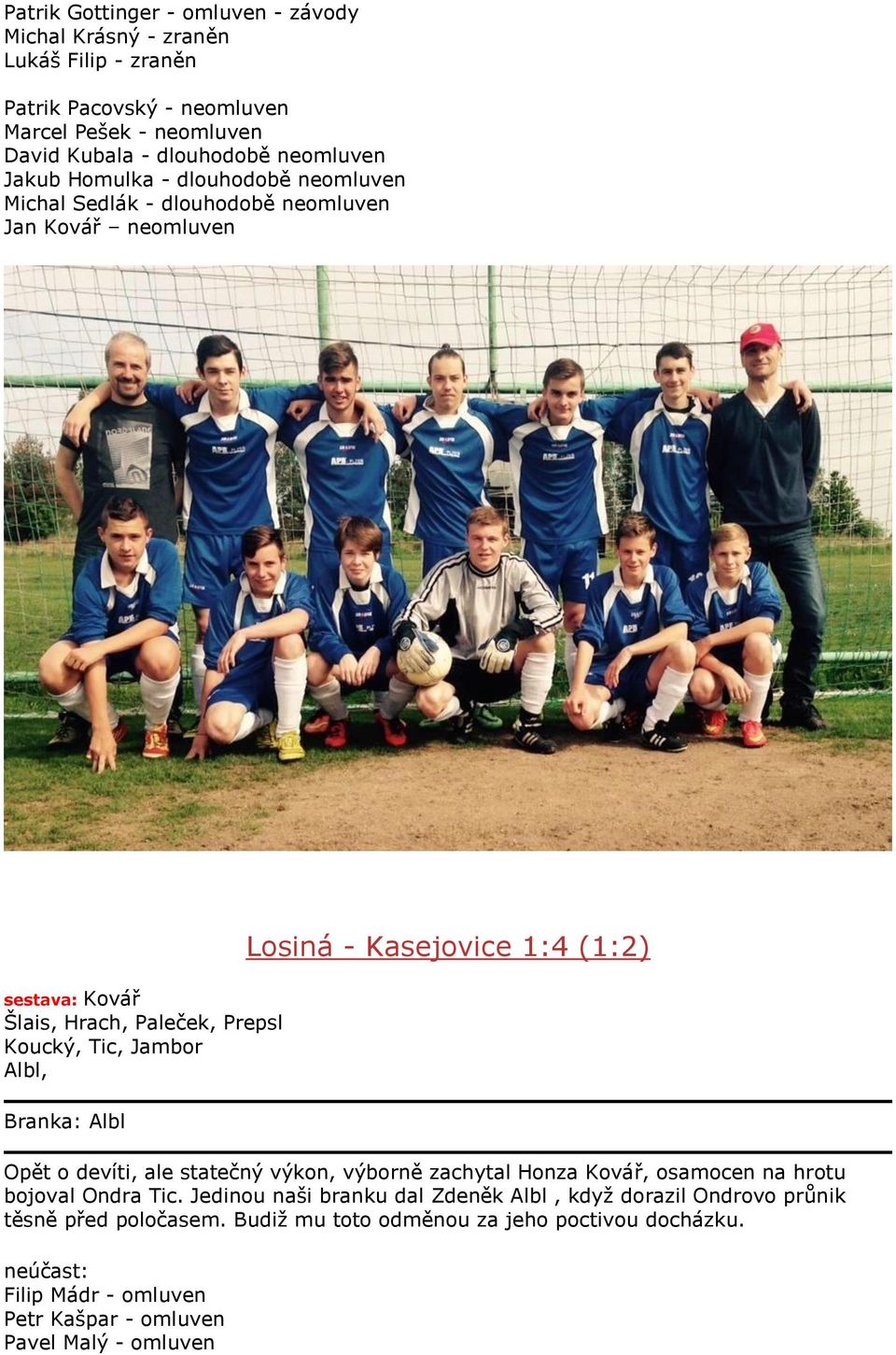 Branka: Albl Losiná - Kasejovice 1:4 (1:2) Opět o devíti, ale statečný výkon, výborně zachytal Honza Kovář, osamocen na hrotu bojoval Ondra Tic.