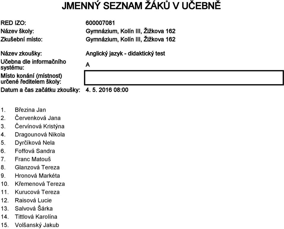 zkoušky: 4. 5. 2016 08:00 1. Březina Jan 2. Červenková Jana 3. Červínová Kristýna 4. Dragounová Nikola 5. Dyrčíková Nela 6. Foffová Sandra 7.