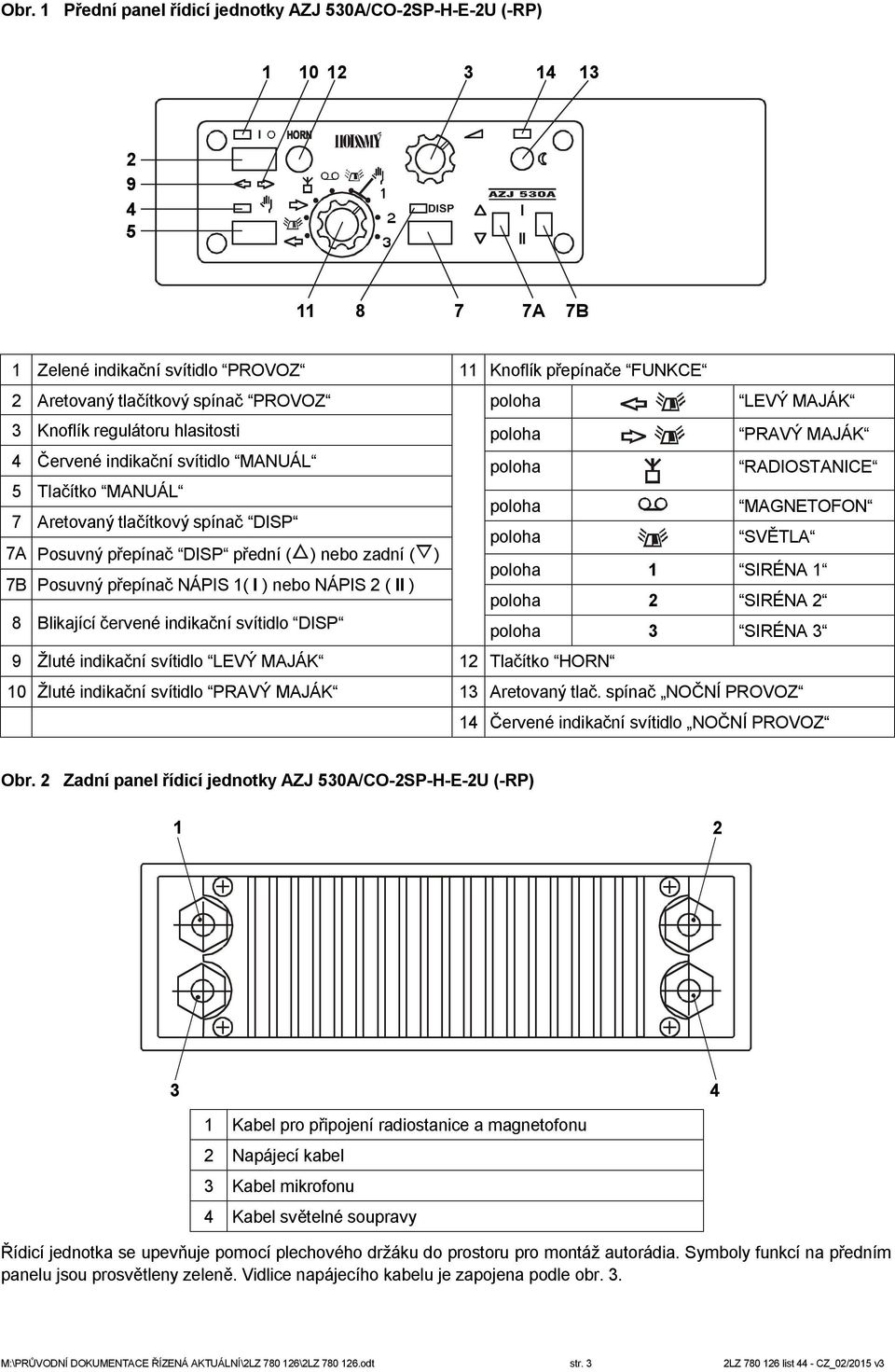 Posuvný přepínač DISP přední ( ) nebo zadní ( ) 7B Posuvný přepínač NÁPIS 1( I ) nebo NÁPIS 2 ( II ) 8 Blikající červené indikační svítidlo DISP poloha MAGNETOFON poloha SVĚTLA poloha 1 SIRÉNA 1