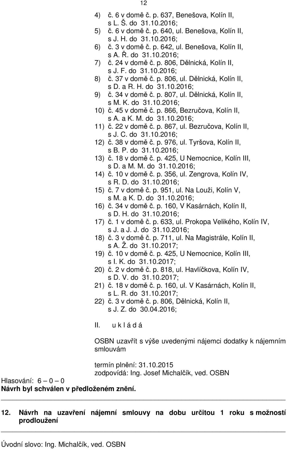 Dělnická, Kolín II, s M. K. do 31.10.2016; 10) č. 45 v domě č. p. 866, Bezručova, Kolín II, s A. a K. M. do 31.10.2016; 11) č. 22 v domě č. p. 867, ul. Bezručova, Kolín II, s J. C. do 31.10.2016; 12) č.