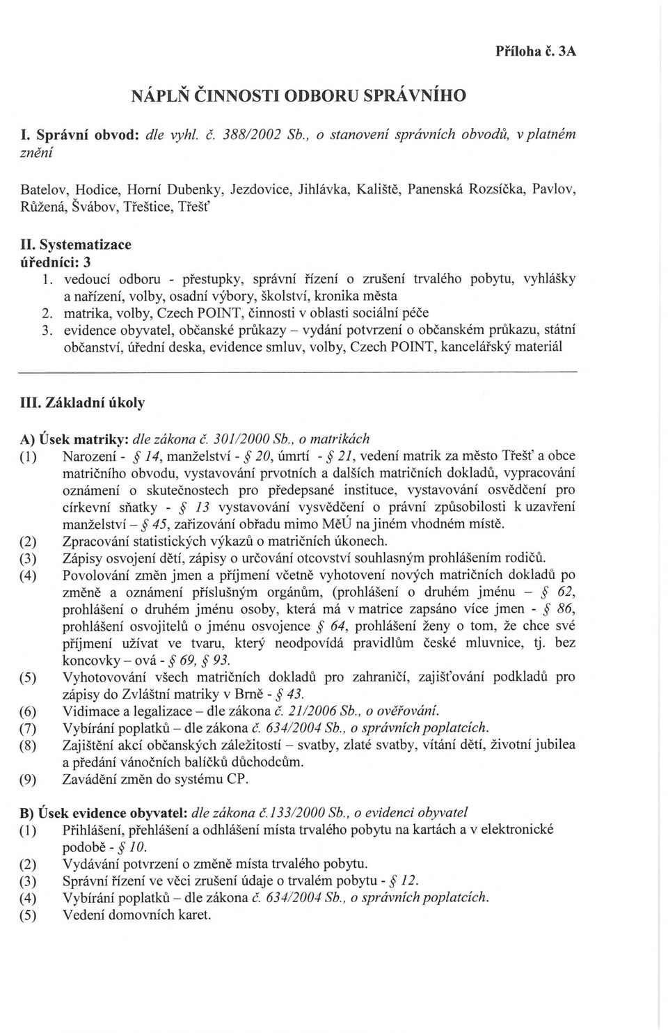 Systematizace úředníci: 3 1. vedoucí odboru - přestupky, správní řízení o zrušení trvalého pobytu, vyhlášky a nařízení, volby, osadní výbory, školství, kronika města 2.