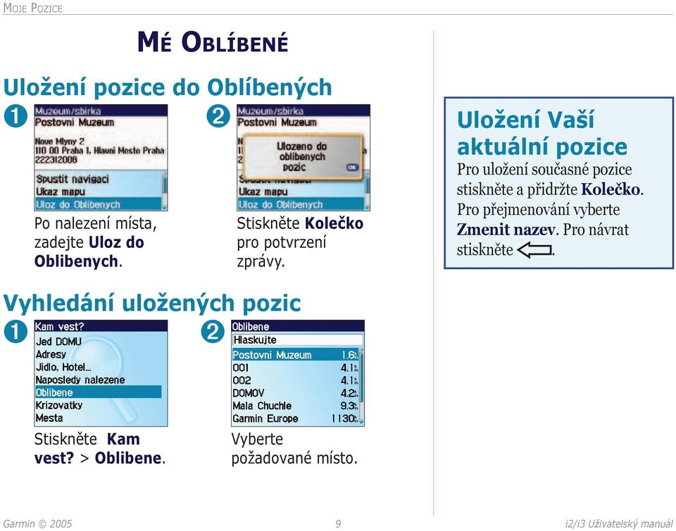 Uložení Vaší aktuální pozice Pro uložení současné pozice stiskněte a přidržte Kolečko.