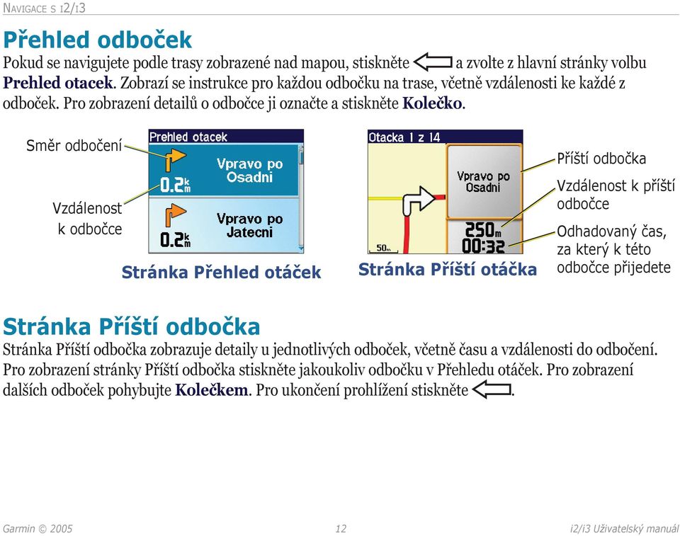 Směr odbočení Vzdálenost k odbočce Stránka Přehled otáček Stránka Příští otáčka Příští odbočka Vzdálenost k příští odbočce Odhadovaný čas, za který k této odbočce přijedete Stránka Příští odbočka