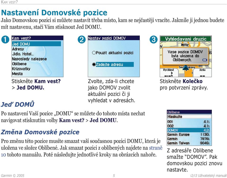 Po nastavení Vaší pozice DOMU se můžete do tohoto místa nechat navigovat stisknutím volby Kam vest? > Jed DOMU. Stiskněte Kolečko pro potvrzení zprávy.