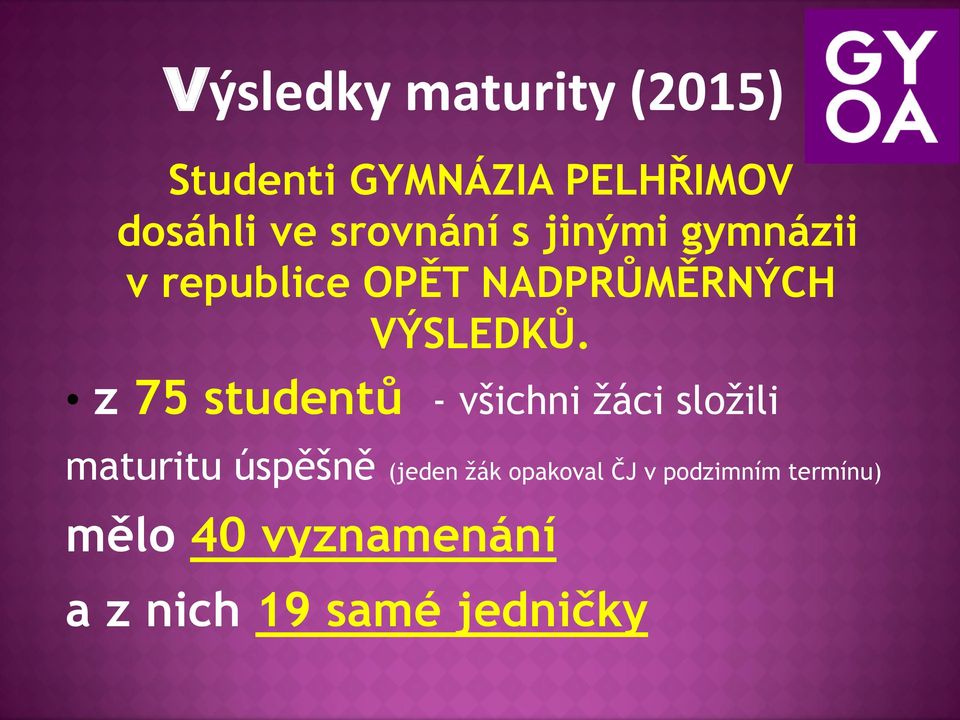 z 75 studentů - všichni žáci složili maturitu úspěšně (jeden žák