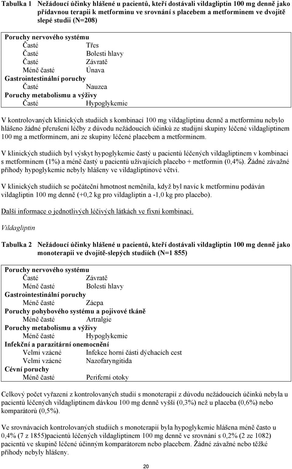 klinických studiích s kombinací 100 mg vildagliptinu denně a metforminu nebylo hlášeno žádné přerušení léčby z důvodu nežádoucích účinků ze studijní skupiny léčené vildagliptinem 100 mg a