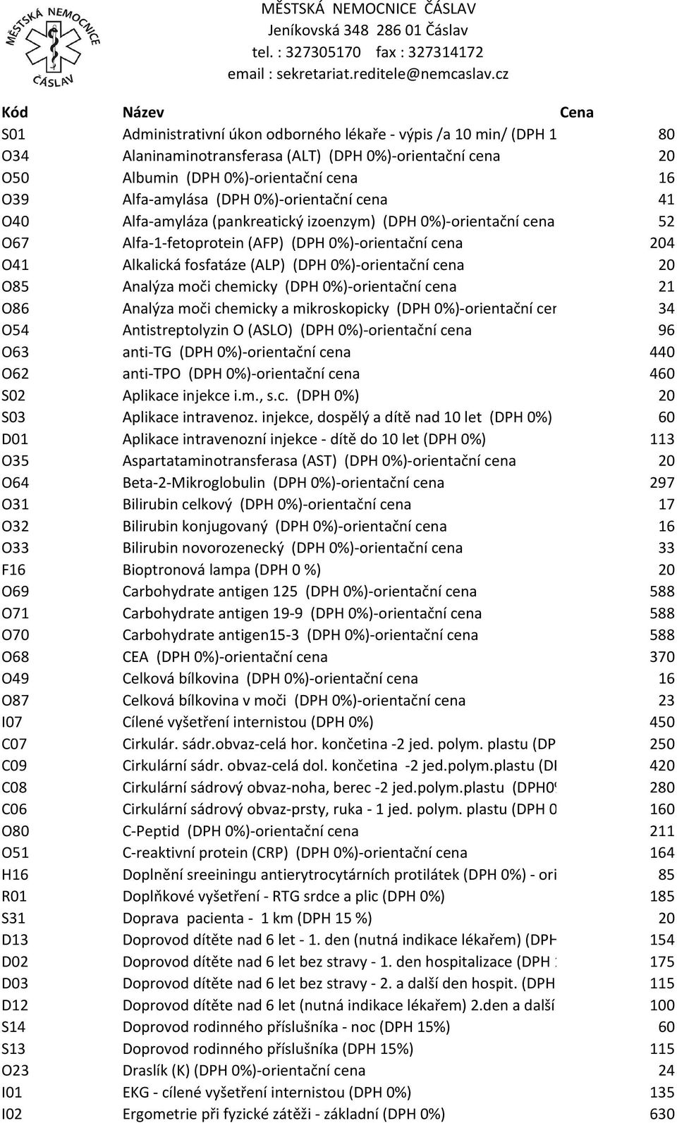 (DPH 0%)-orientační cena 20 O85 Analýza moči chemicky (DPH 0%)-orientační cena 21 O86 Analýza moči chemicky a mikroskopicky (DPH 0%)-orientační cena 34 O54 Antistreptolyzin O (ASLO) (DPH