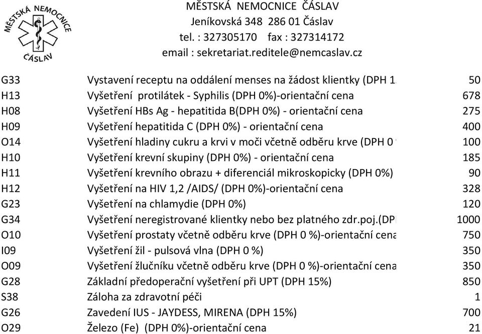 orientační cena 185 H11 Vyšetření krevního obrazu + diferenciál mikroskopicky (DPH 0%) - orientační cena90 H12 Vyšetření na HIV 1,2 /AIDS/(DPH 0%)-orientační cena 328 G23 Vyšetření na chlamydie (DPH