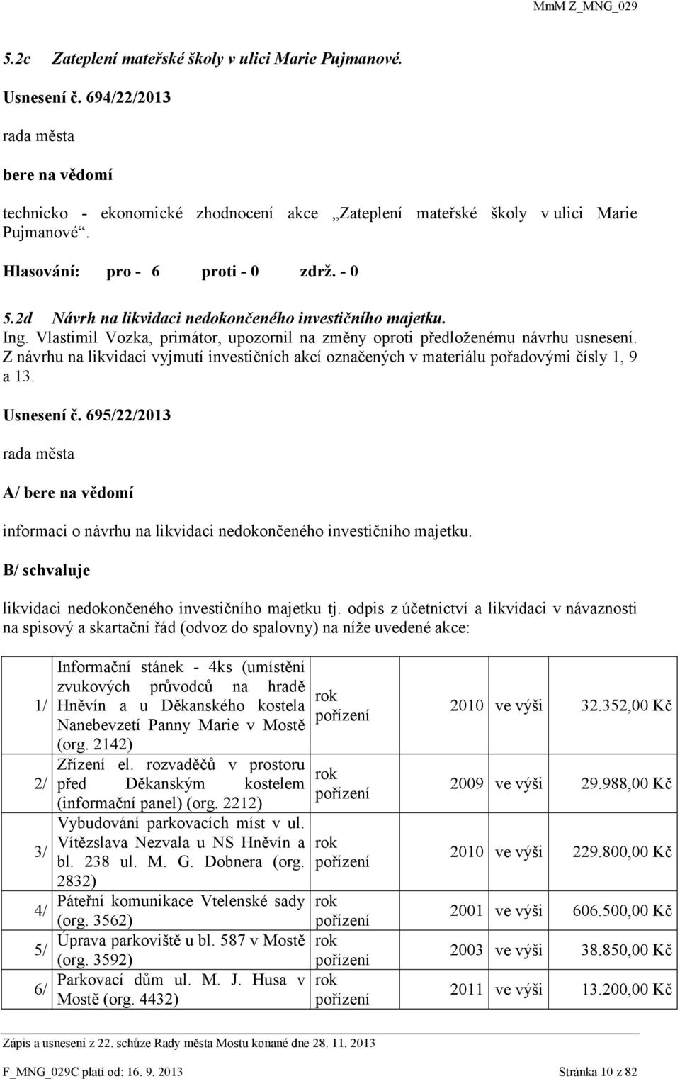 Z návrhu na likvidaci vyjmutí investičních akcí označených v materiálu pořadovými čísly 1, 9 a 13. Usnesení č.