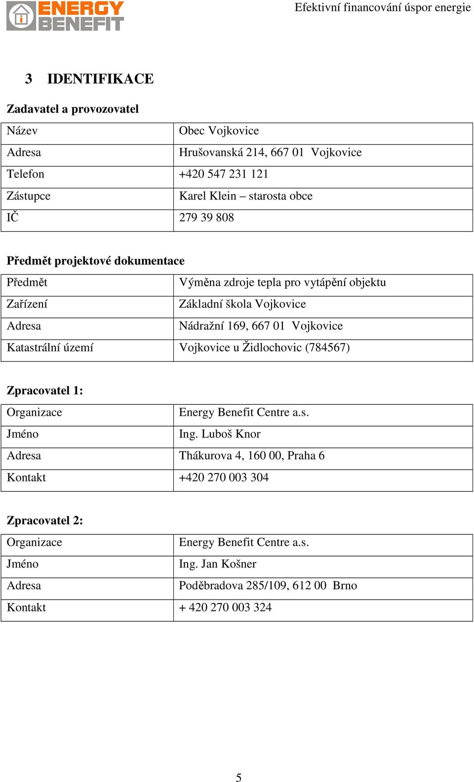 Katastrální území Vojkovice u Židlochovic (784567) Zpracovatel 1: Organizace Energy Benefit Centre a.s. Jméno Ing.