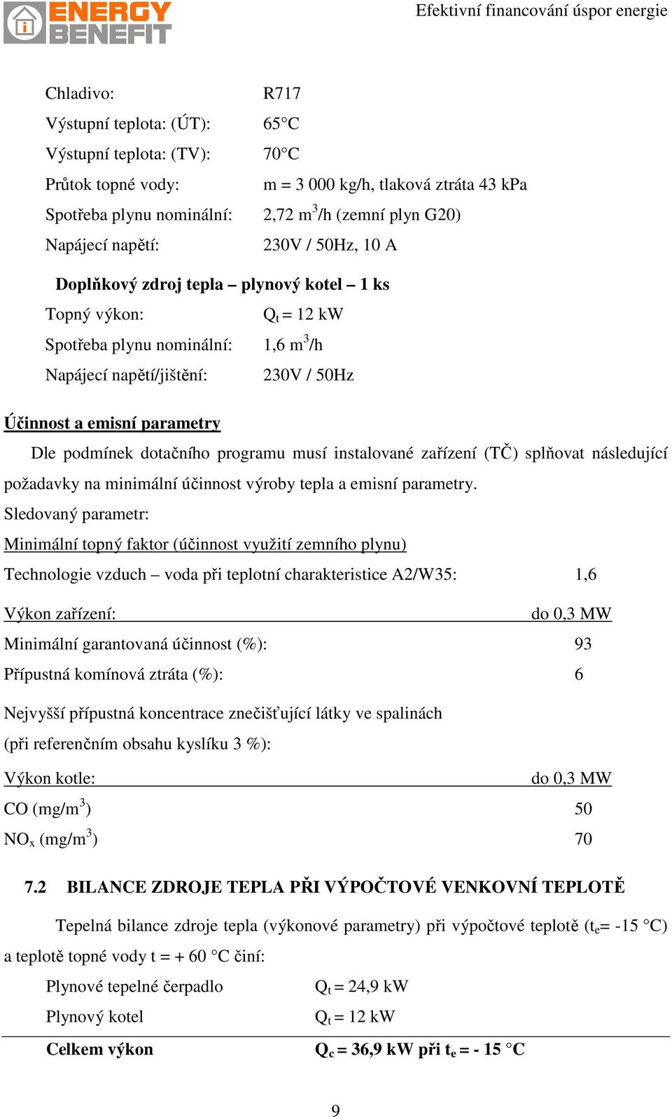 podmínek dotačního programu musí instalované zařízení (TČ) splňovat následující požadavky na minimální účinnost výroby tepla a emisní parametry.