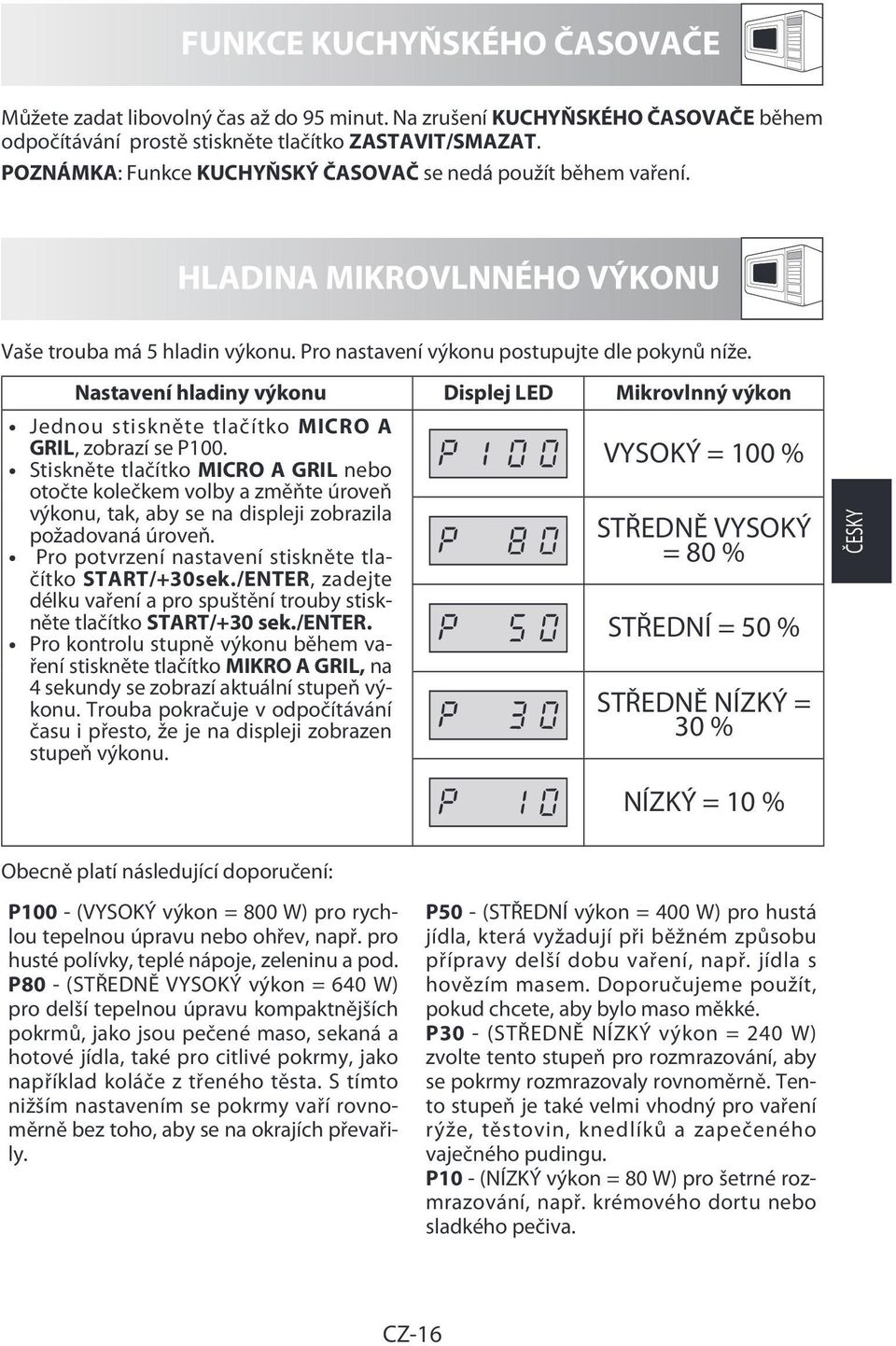 Nastavení hladiny výkonu Displej LED Mikrovlnný výkon Jednou stiskněte tlačítko MICRO A GRIL, zobrazí se P100.