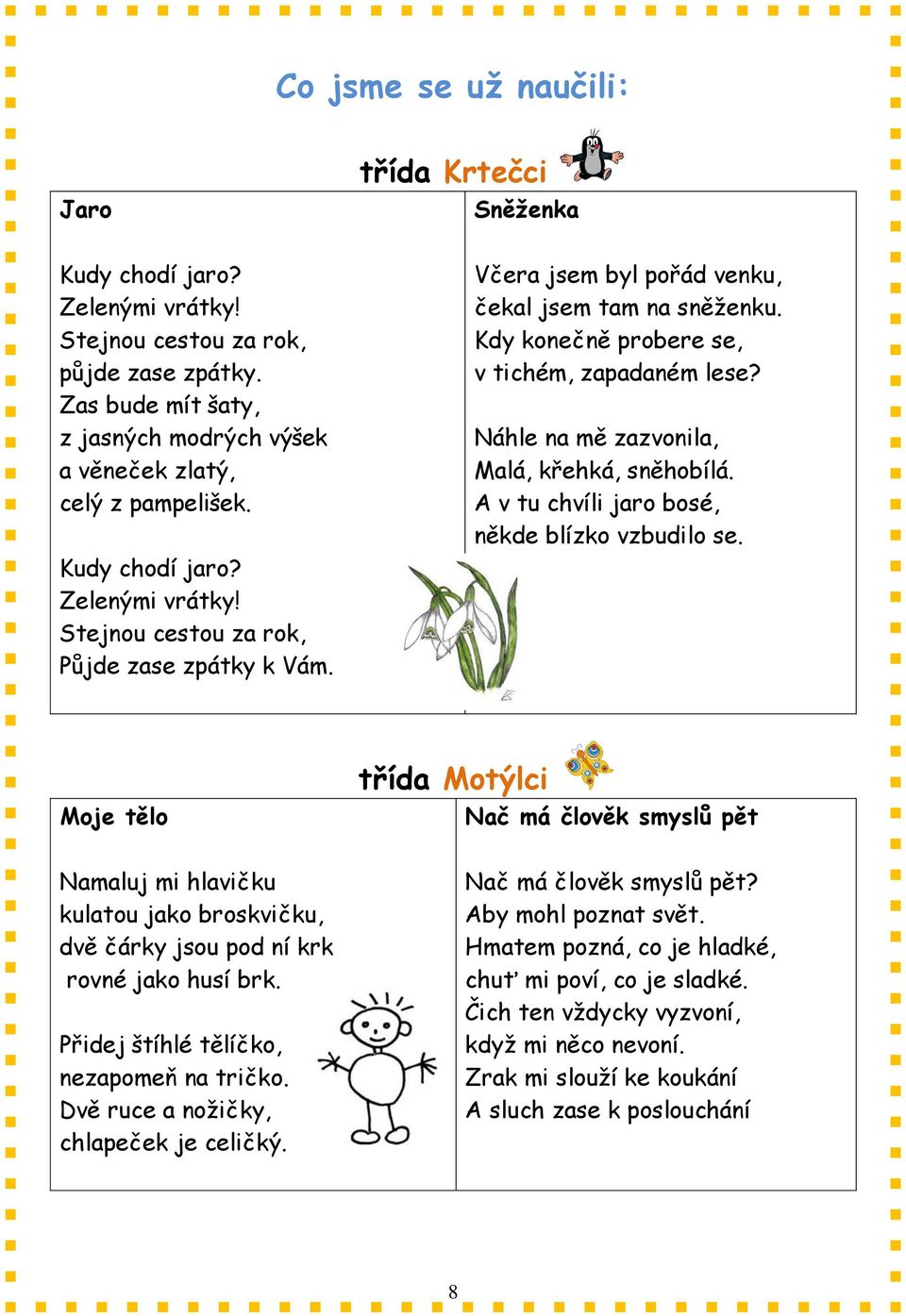 Včera jsem byl pořád venku, čekal jsem tam na sněženku. Kdy konečně probere se, v tichém, zapadaném lese? Náhle na mě zazvonila, Malá, křehká, sněhobílá.