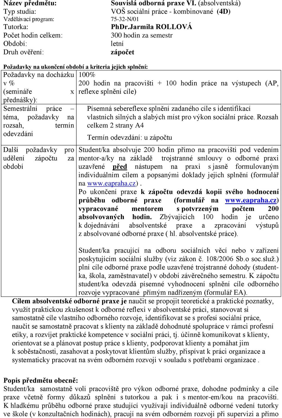 hodin na pracovišti + 100 hodin práce na výstupech (AP, reflexe splnění cíle) Písemná sebereflexe splnění zadaného cíle s identifikací vlastních silných a slabých míst pro výkon sociální práce.