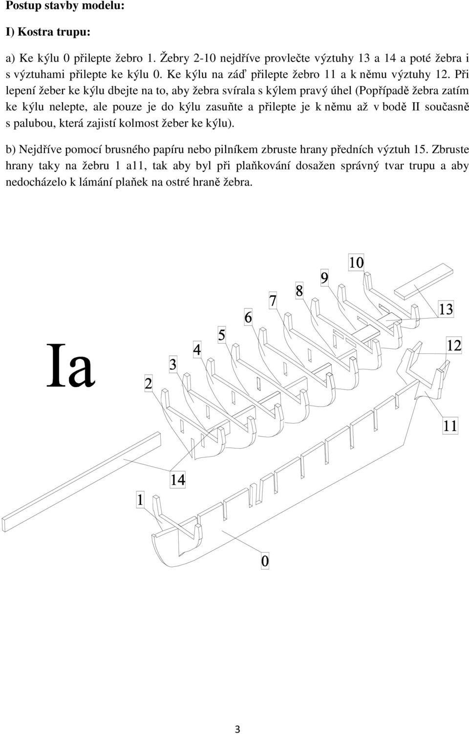 Při lepení žeber ke kýlu dbejte na to, aby žebra svírala s kýlem pravý úhel (Popřípadě žebra zatím ke kýlu nelepte, ale pouze je do kýlu zasuňte a přilepte je k němu až v