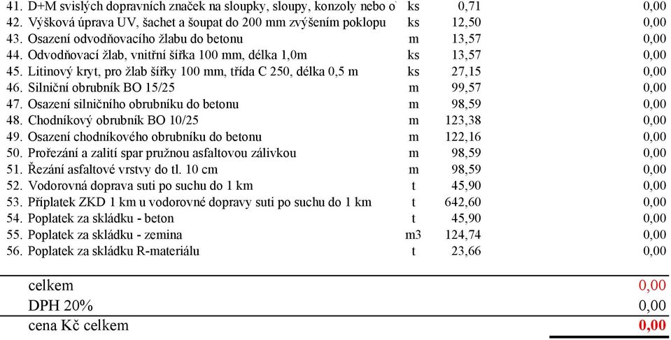 Silniční obrubník BO 15/25 m 99,57 47. Osazení silničního obrubníku do betonu m 98,59 48. Chodníkový obrubník BO 10/25 m 123,38 49. Osazení chodníkového obrubníku do betonu m 122,16 50.