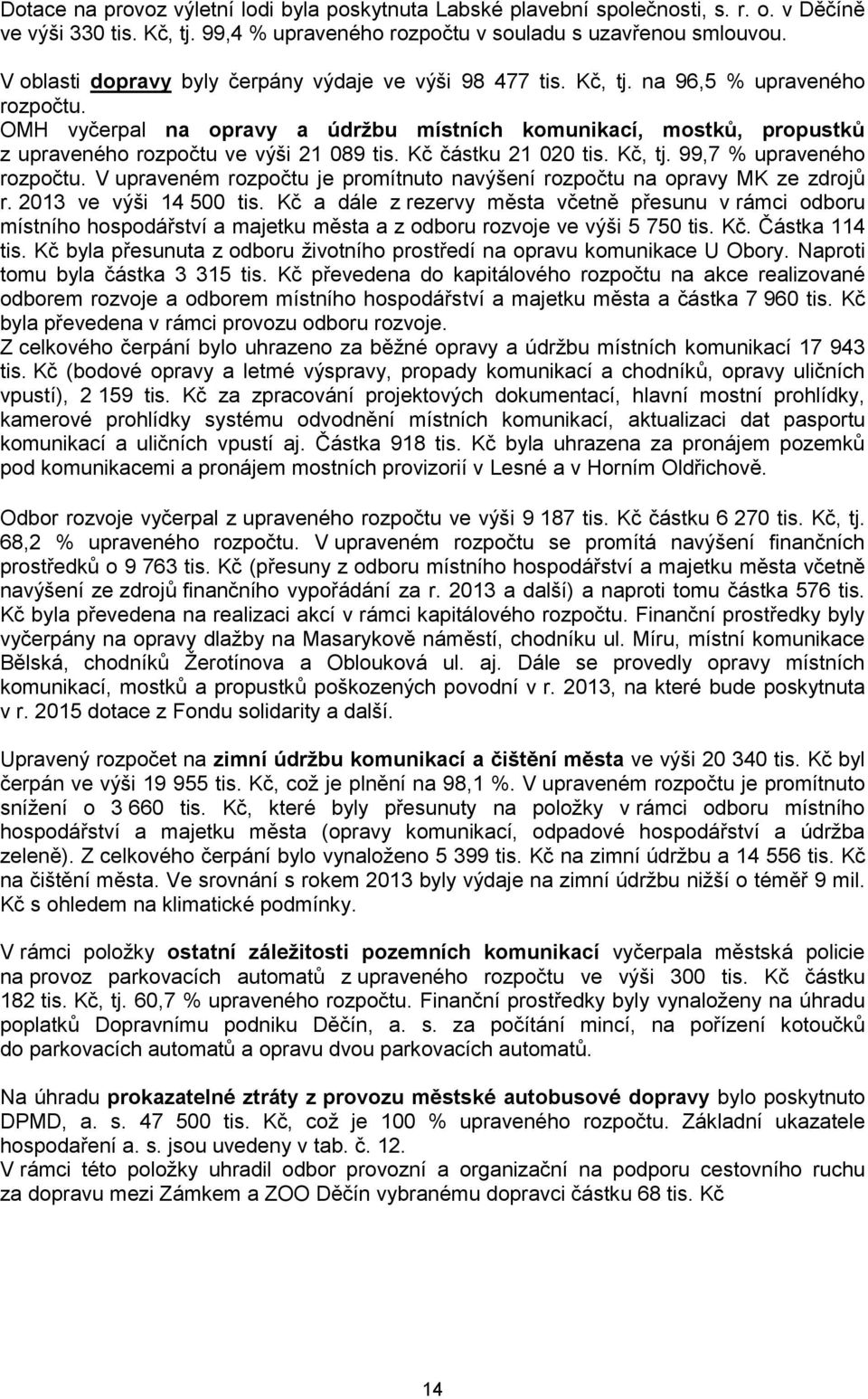 OMH vyčerpal na opravy a údržbu místních komunikací, mostků, propustků z upraveného rozpočtu ve výši 21 089 tis. Kč částku 21 020 tis. Kč, tj. 99,7 % upraveného rozpočtu.