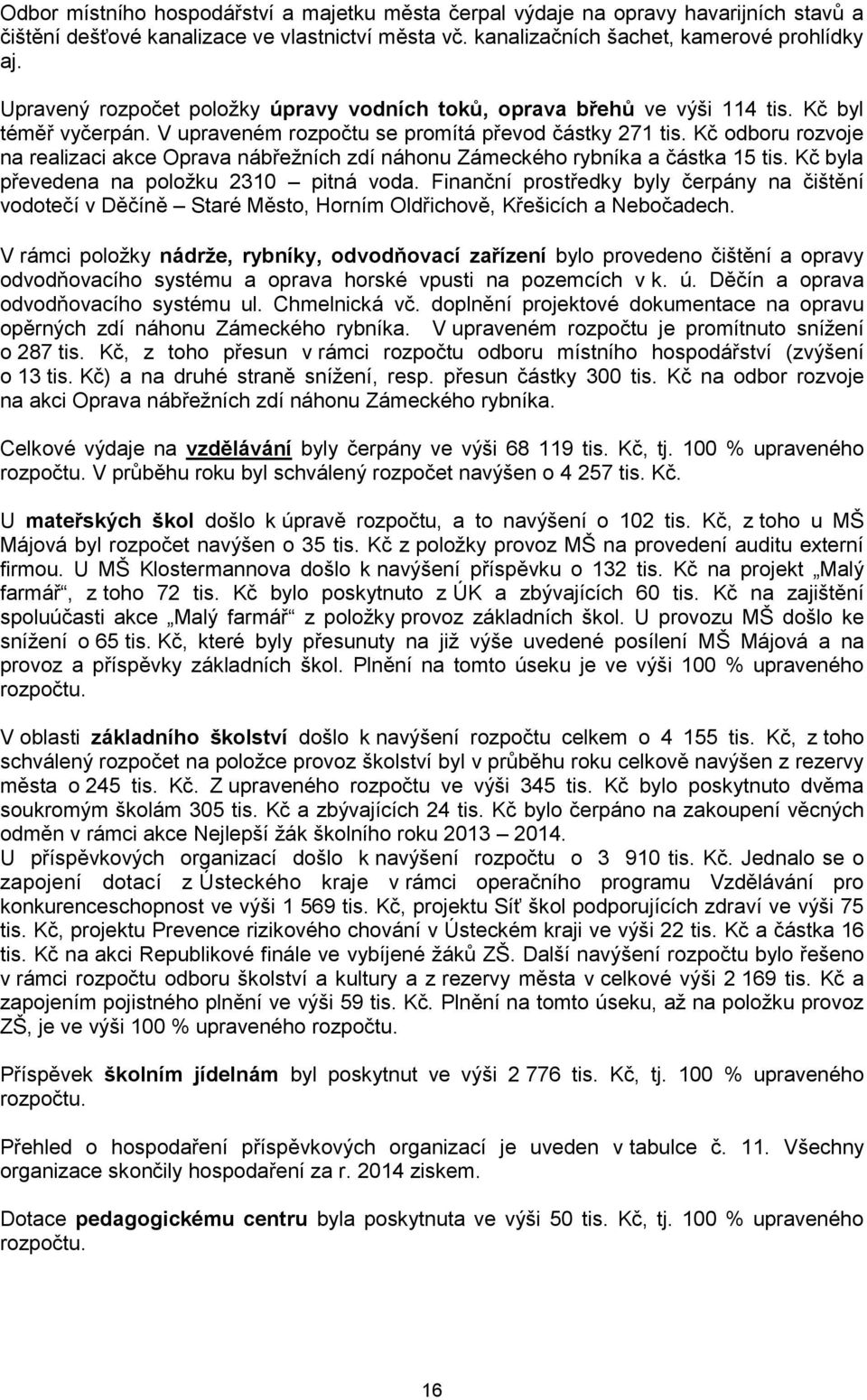 Kč odboru rozvoje na realizaci akce Oprava nábřežních zdí náhonu Zámeckého rybníka a částka 15 tis. Kč byla převedena na položku 2310 pitná voda.