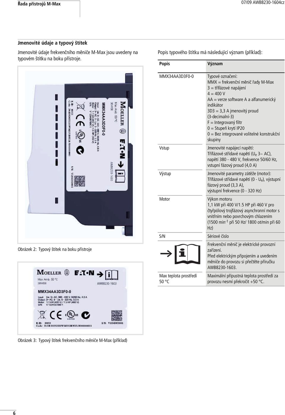 frekvenční měnič řady M-Max 3 = třífázové napájení 4 = 4 V AA = verze software A a alfanumerický indikátor 3D3 = 3,3 A jmenovitý proud (3-decimalní-3) F = Integrovaný filtr = Stupeň krytí IP2 = Bez