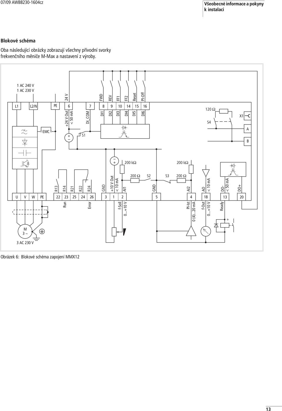 1 AC 24 V 1 AC 23 V L2/N PE 7 8 9 DI_COM DI1 DI2 1 24 V FWD REV FF1 FF2 L1 6 < 5 ma +24 V Out Reset PI-Off DI3 14 15 16 DI4 DI5 DI6 12 O S4 X1 EMC