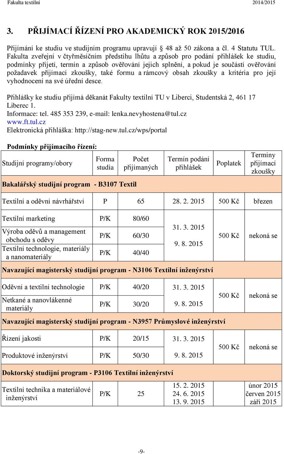 zkoušky, také formu a rámcový obsah zkoušky a kritéria pro její vyhodnocení na své úřední desce. Přihlášky ke studiu přijímá děkanát Fakulty textilní TU v Liberci, Studentská 2, 461 17 Liberec 1.