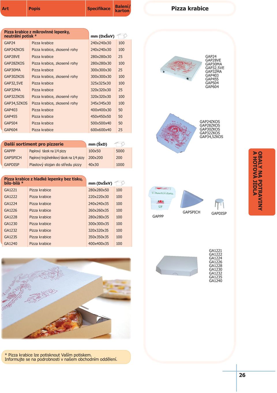 krabice 325x325x30 100 GAP32MA Pizza krabice 320x320x30 25 GAP24 GAP28VE GAP30MA GAP32,5VE GAP32MA GAP403 GAP455 GAP504 GAP604 GAP32ZKOS Pizza krabice, zkosené rohy 320x320x30 100 GAP34,5ZKOS Pizza