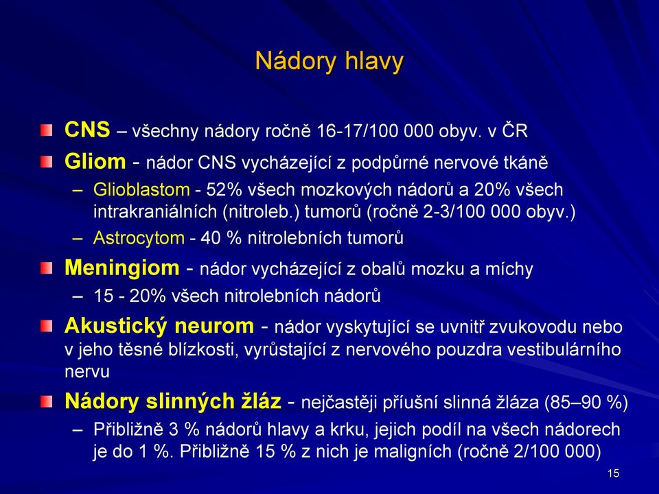 ) Astrocytom - 40 % nitrolebních tumorů Meningiom - nádor vycházející z obalů mozku a míchy 15-20% všech nitrolebních nádorů Akustický neurom - nádor vyskytující se uvnitř