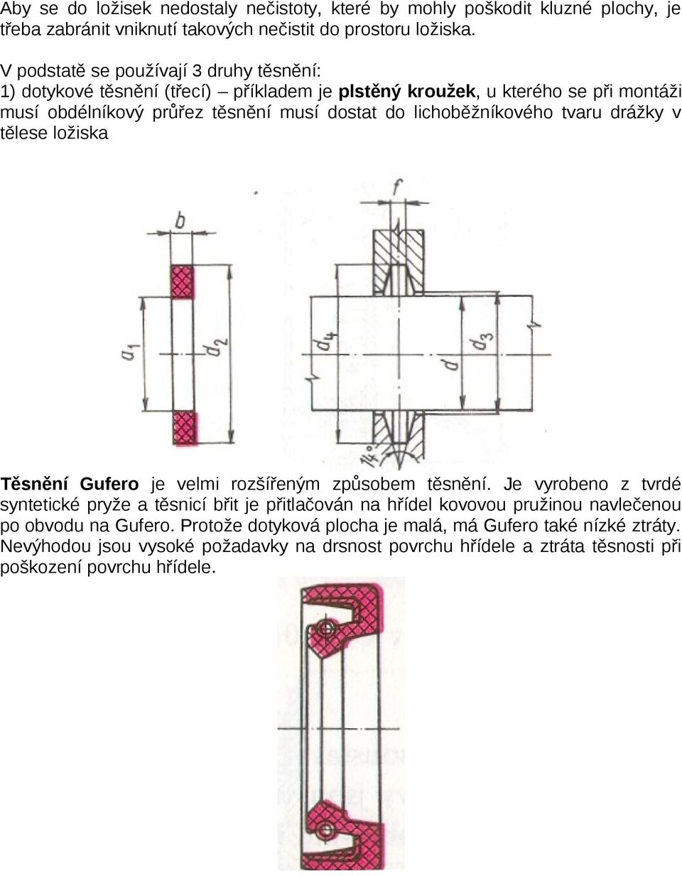lichoběžníkového tvaru drážky v tělese ložiska Těsnění Gufero je velmi rozšířeným způsobem těsnění.
