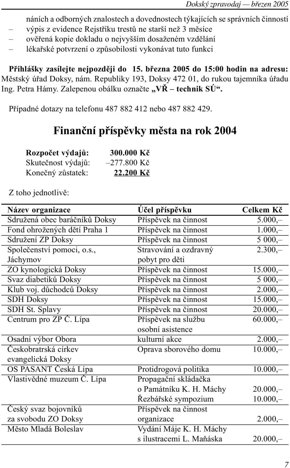 Republiky 193, Doksy 472 01, do rukou tajemníka úøadu Ing. Petra Hámy. Zalepenou obálku oznaète VØ technik SÚ. Pøípadné dotazy na telefonu 487 882 412 nebo 487 882 429.