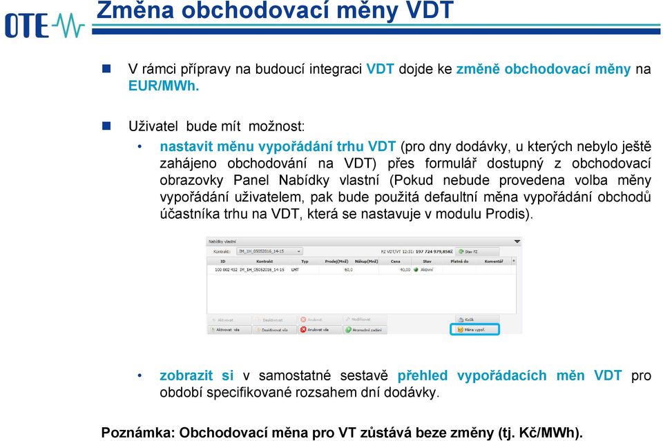 obchodovací obrazovky Panel Nabídky vlastní (Pokud nebude provedena volba měny vypořádání uživatelem, pak bude použitá defaultní měna vypořádání obchodů účastníka