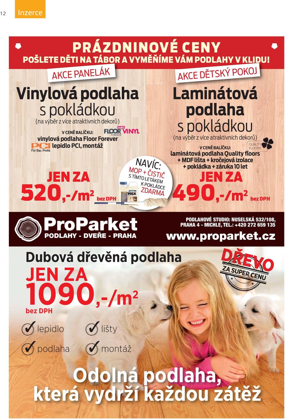 PRAHA NAVÍC: MOP + ČISTIČ S TÍMTO LETÁKEM K POKLÁDCE ZDARMA Dubová dřevěná podlaha JEN ZA 1090,-/m 2 bez DPH lepidlo podlaha lišty montáž AKCE DĚTSKÝ POKOJ Laminátová podlaha s pokládkou (na výběr z