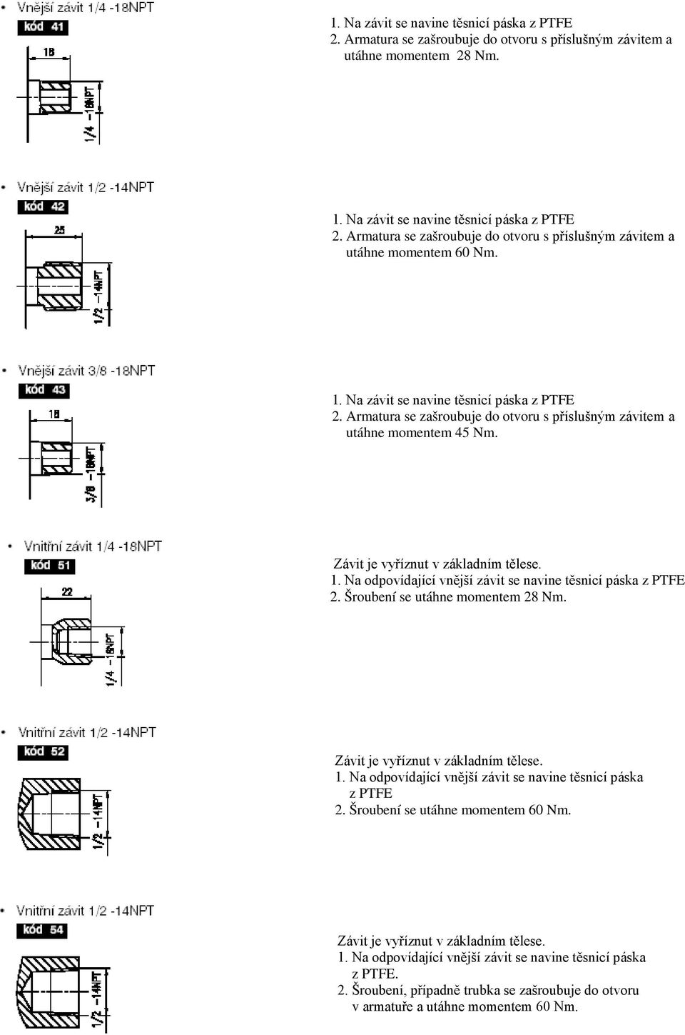 Na odpovídající vnější závit se navine těsnicí páska z PTFE 2. Šroubení se utáhne momentem 28 Nm. Závit je vyříznut v základním tělese. 1.