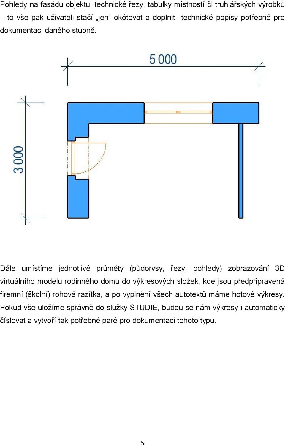 Dále umístíme jednotlivé průměty (půdorysy, řezy, pohledy) zobrazování 3D virtuálního modelu rodinného domu do výkresových složek, kde jsou