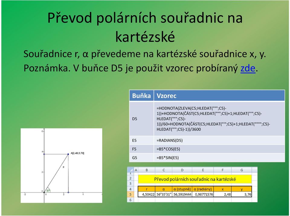 Buňka Vzorec D5 E5 F5 G5 =HODNOTA(ZLEVA(C5;HLEDAT(" ";C5)- 1))+HODNOTA(ČÁST(C5;HLEDAT("