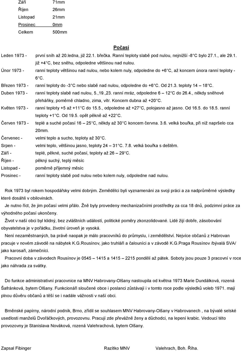 Od 21.3. teploty 14 18 C. Duben 1973 - ranní teploty slabě nad nulou, 5.,19.,23. ranní mráz, odpoledne 6 12 C do 26.4., někdy sněhové přeháňky, poměrně chladno, zima, vítr. Koncem dubna až +20 C.